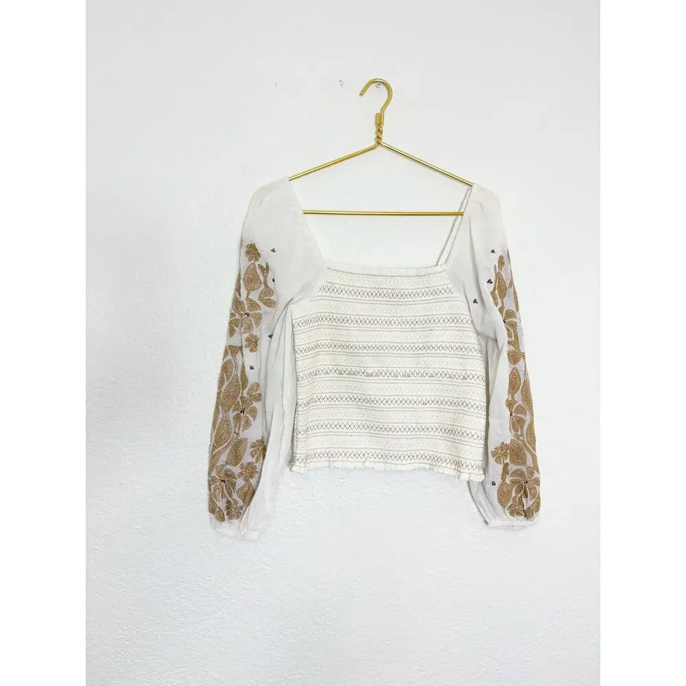 NWT Anthropologie Smocked Embroidered Top Size Small Cream Sequin Boho Chic